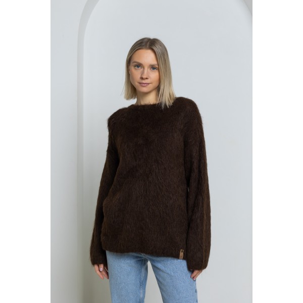 Ilgo plauko megztinis Clotilde, šokolado spalvos