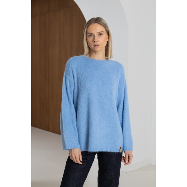 Ilgo plauko megztinis Clotilde, žydros spalvos