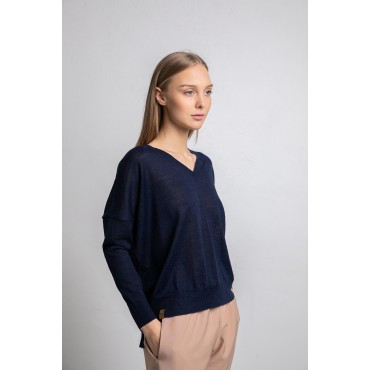 Laisvo silueto megztinis trikampe iškirpte Ariane, mėlynos spalvos